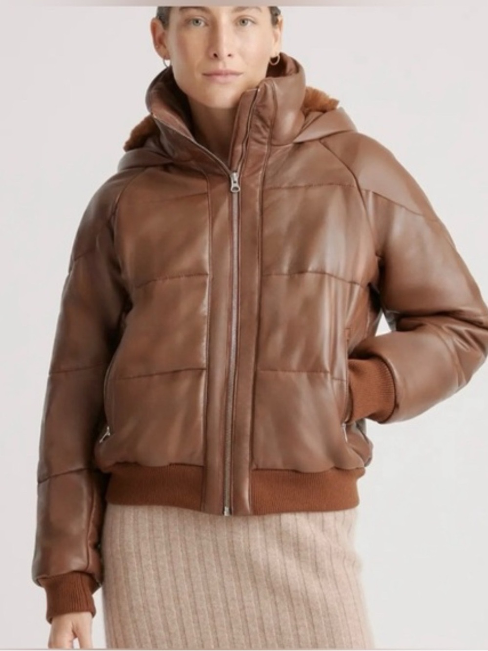 Quince Leather Puffer Jacket Cropped Bomber Luxury Sheep Leather
